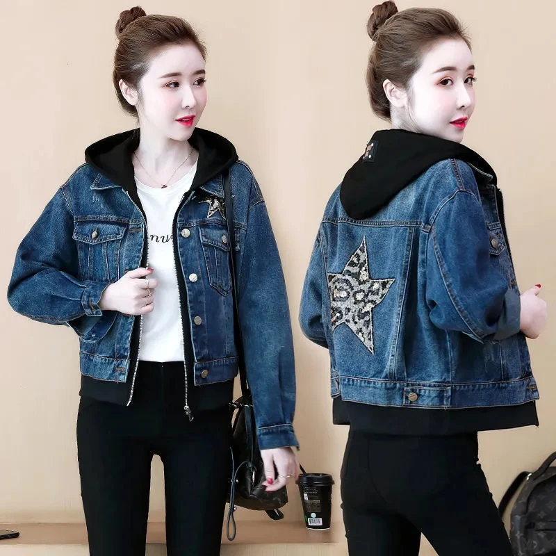 Hooded Denim Jacket Fashion Spring Autumn Women Short Jean Coats Loose Casual Long Sleeve Tops Zippers Sequins Female Outerwear