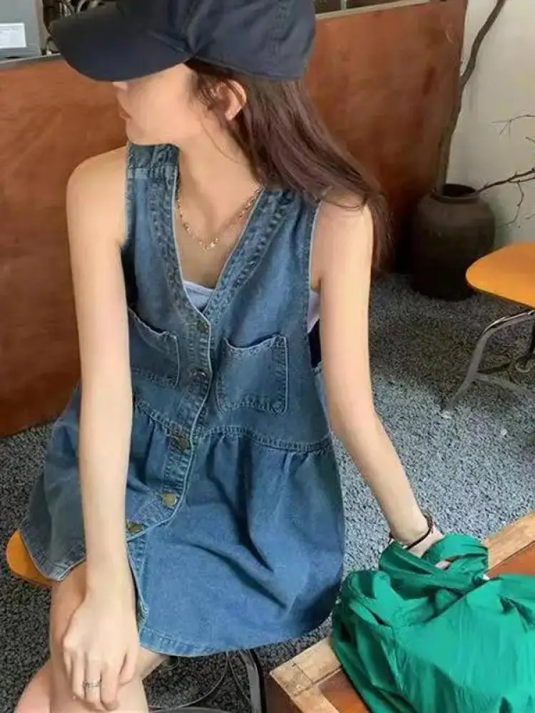 Sleeveless Strap Dress Women 2026 Summer Single-Breasted Pockets Denim Dresses Woman Korean Style Loose A Line Mini Dress