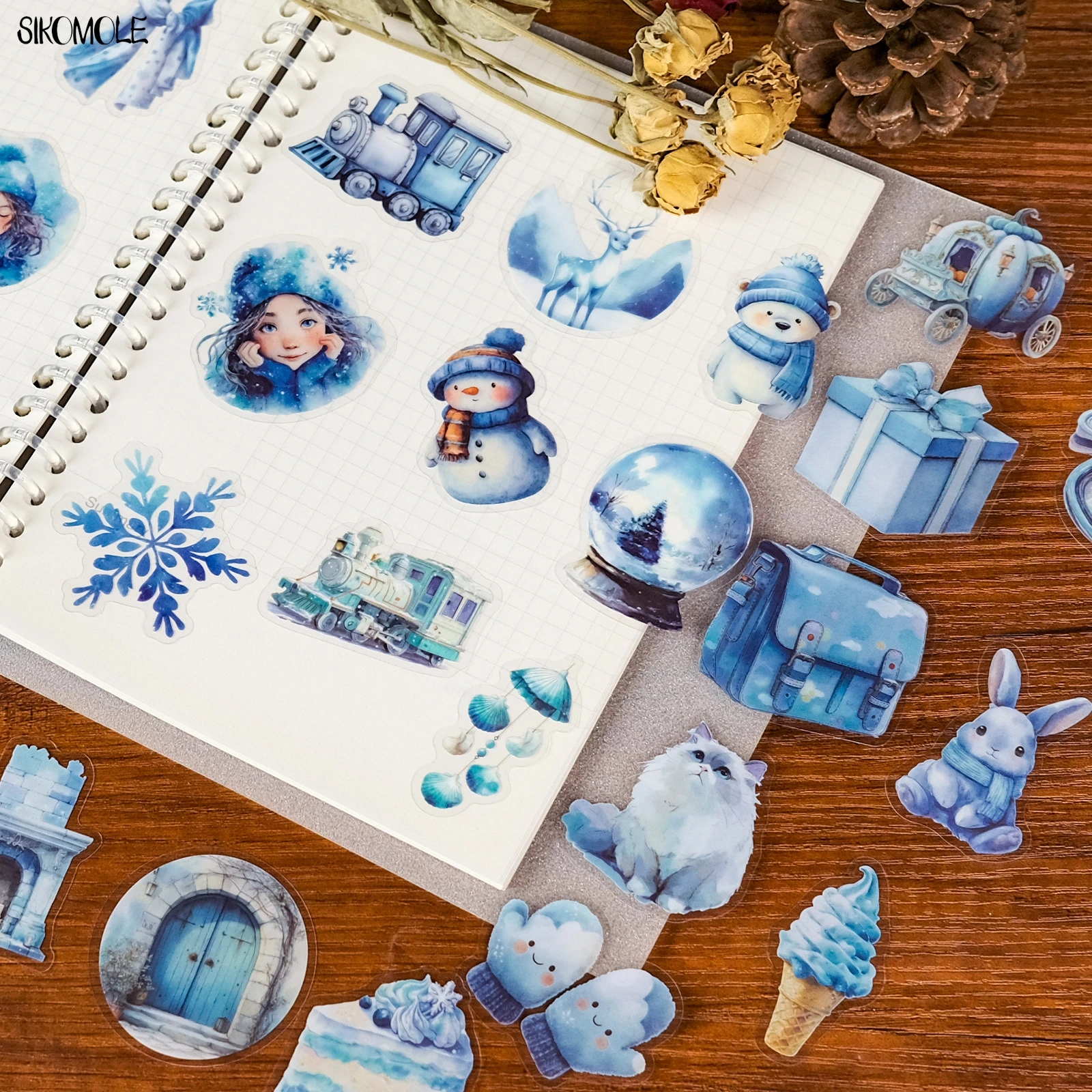 Paquete de 56 Uds de pegatinas transparentes de dibujos animados azules para invierno, Material impermeable para contabilidad de mascotas, pegatina decorativa de grafiti para cuaderno de coche