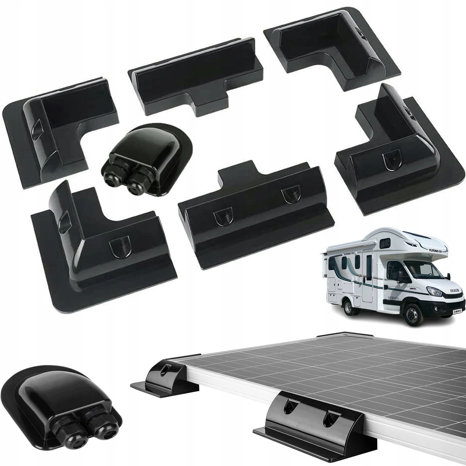 Kit de fixation pour panneaux solaires, ensemble de 7 pièces pour montage sur toit de véhicule, aucun perçage requis, adapté aux break et aux camping-cars (noir)