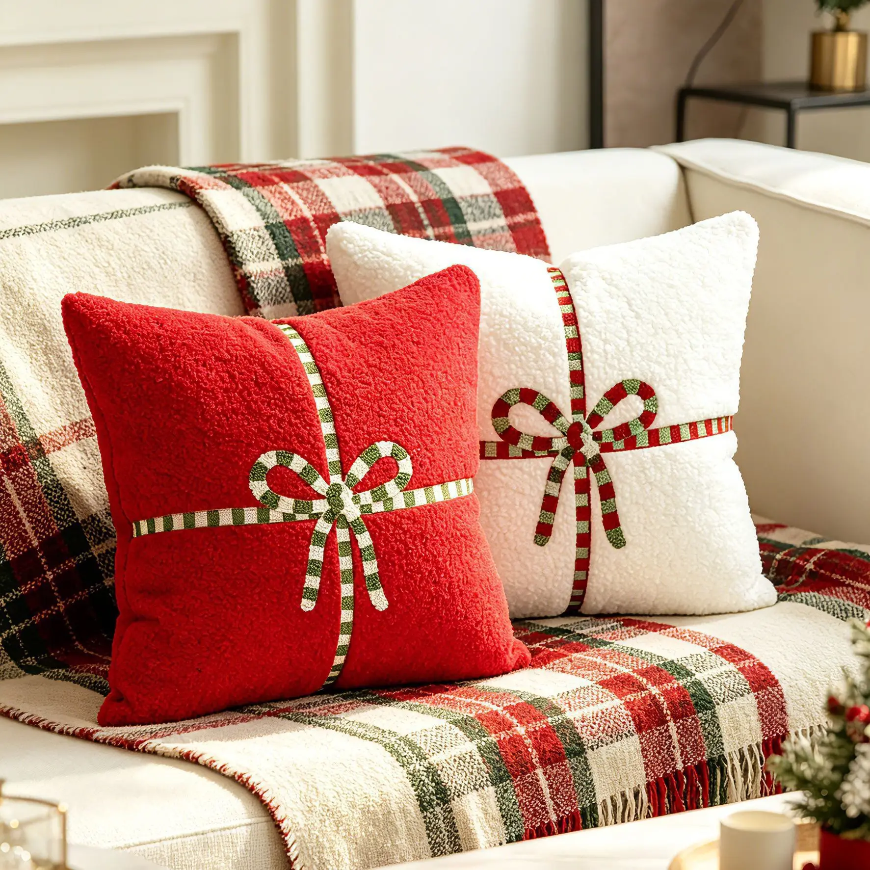 Embroidery Xmas Decorations - Funda de cojín de felpa con