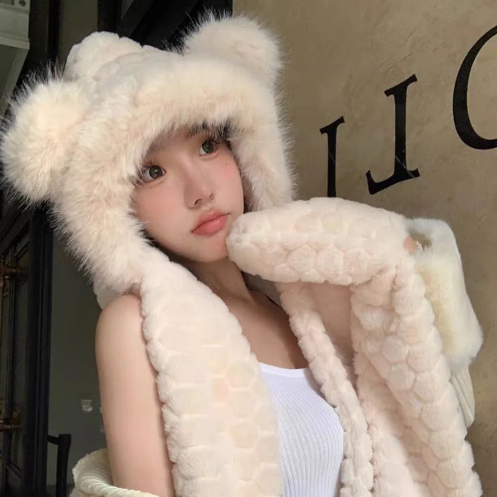 

Thickened Plush Hat Scarf Gloves Set Winter Warm Cute Rabbit Ear Women Beanies Cap Ram's Horn Integrated Cap Scarf Autumn Winter