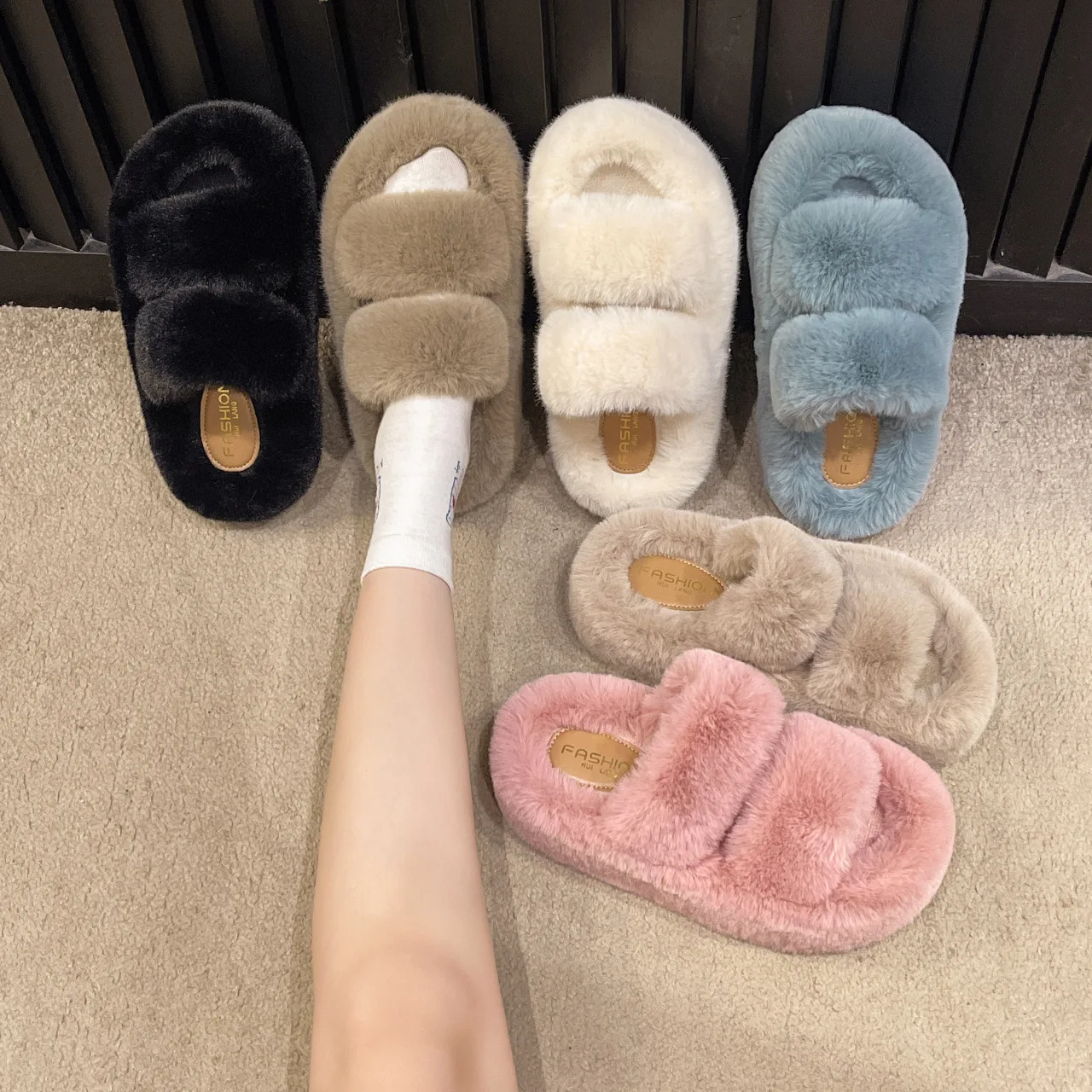 Flat Shoes Female Flock Rubber Rome Short Plush with Flock Shoes Slippers Flat Rome Rubber Short Plush