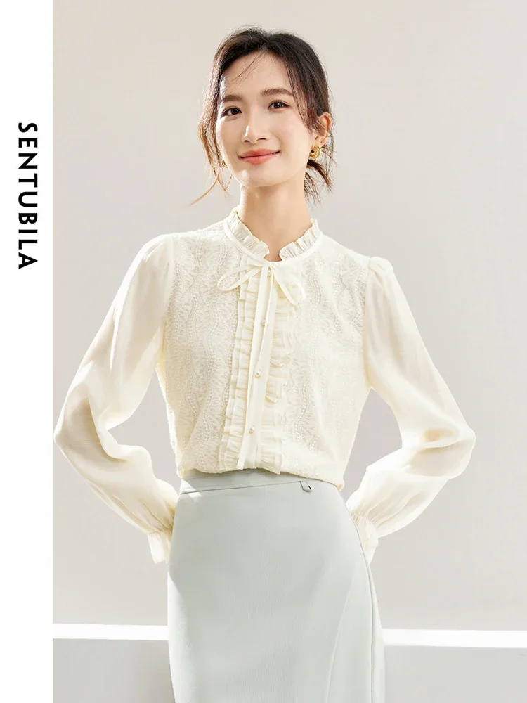 

SENTUBIL Womens Lace-up Ruffled Lace Shirt & Blouse 2025 Spring Elegant Button Up Blouses Long Sleeve Women's Top 141S53149