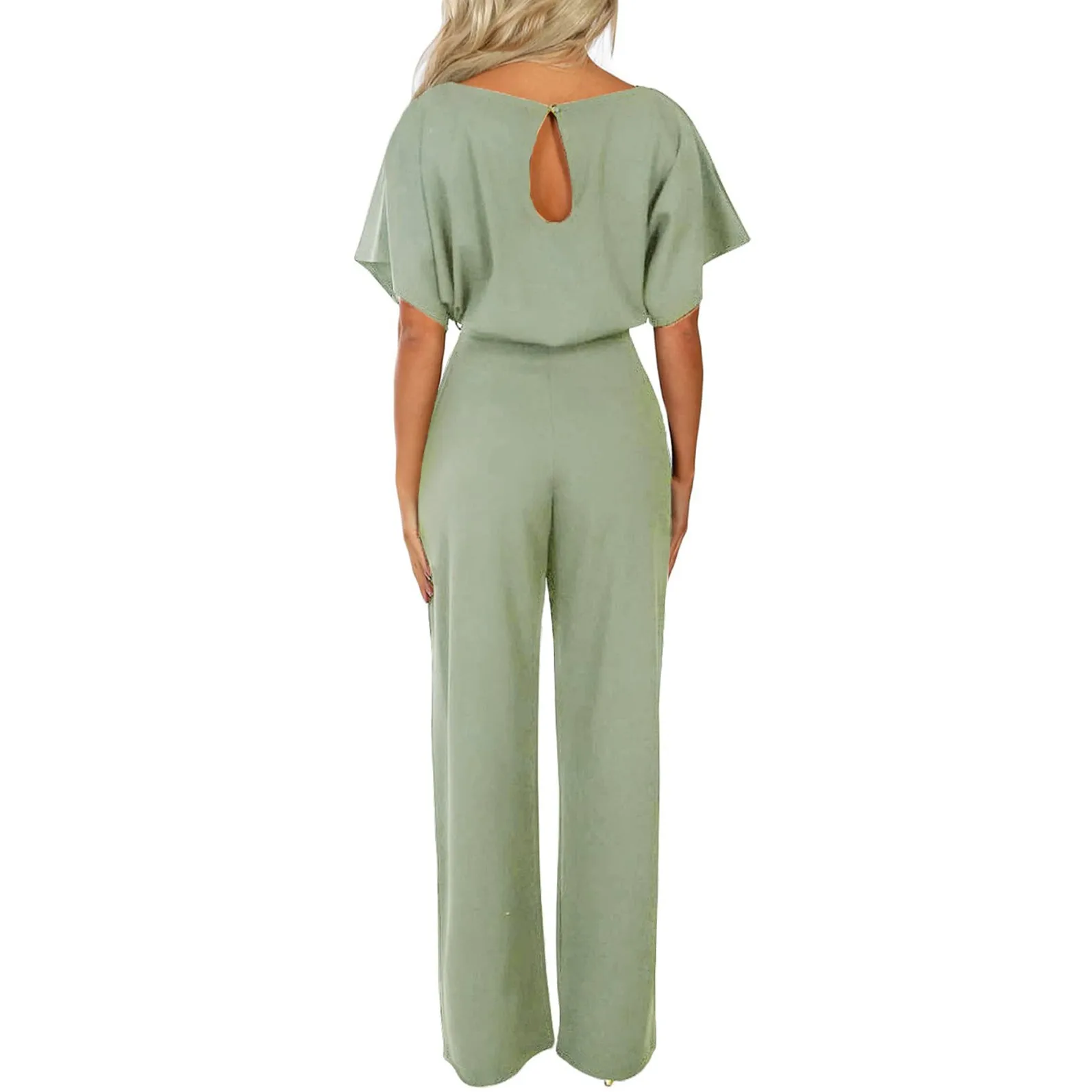 Jumpsuit wanita elegan celana kaki lebar musim panas Solid dasi pinggang lengan pendek celana Bodysuit overall mode celana crop kaki lebar