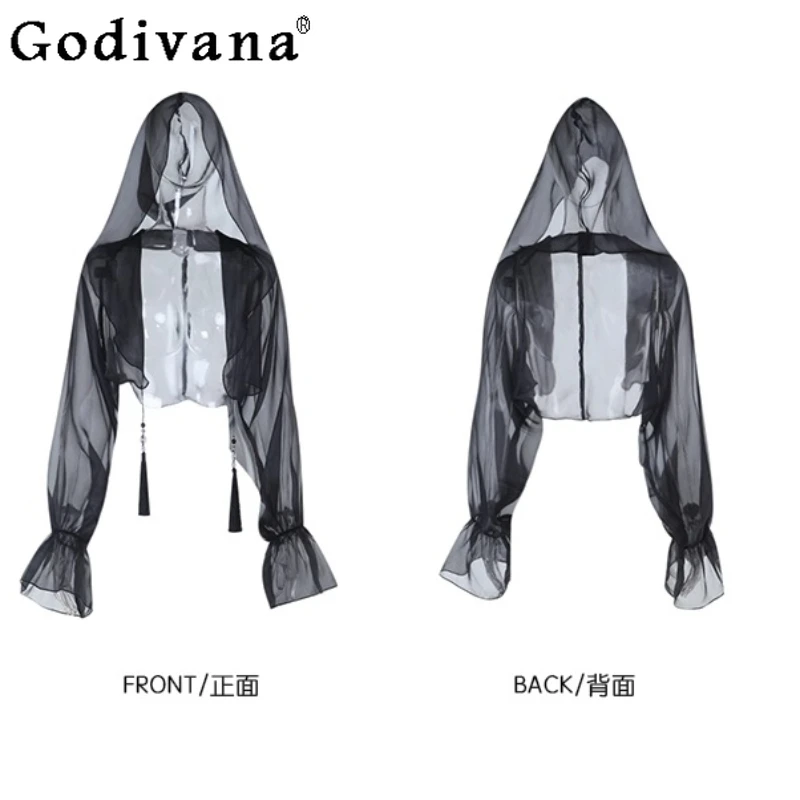 

Personality Halloween Goth Lace Witch Cos Blouse Dark Girl Versatile Age Reduction Long Sleeve Loose Cardigan Chiffon Shawl