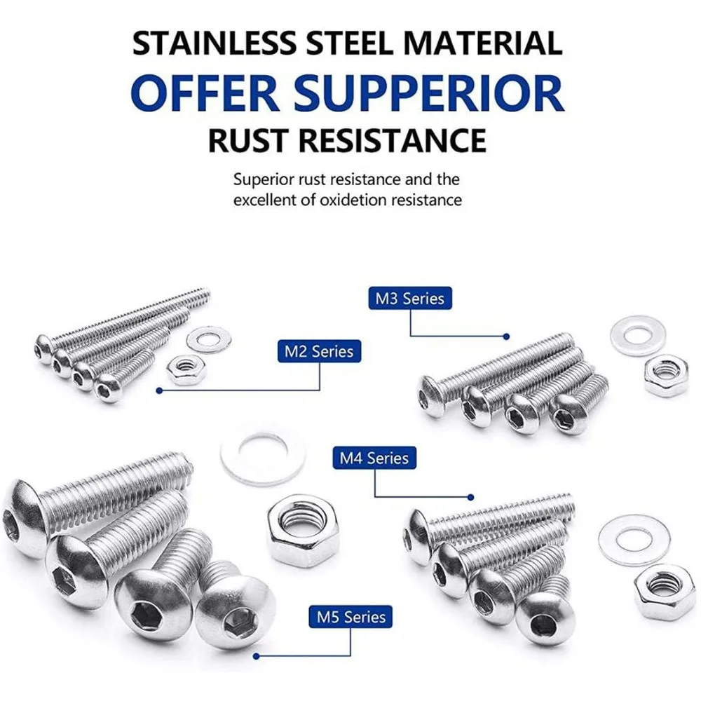 880 STKS 304 Rvs Hex Socket Pan Head Studs Schroeven Moeren Platte Ringen Assortiment Kit voor DIY & Industrieel Gebruik