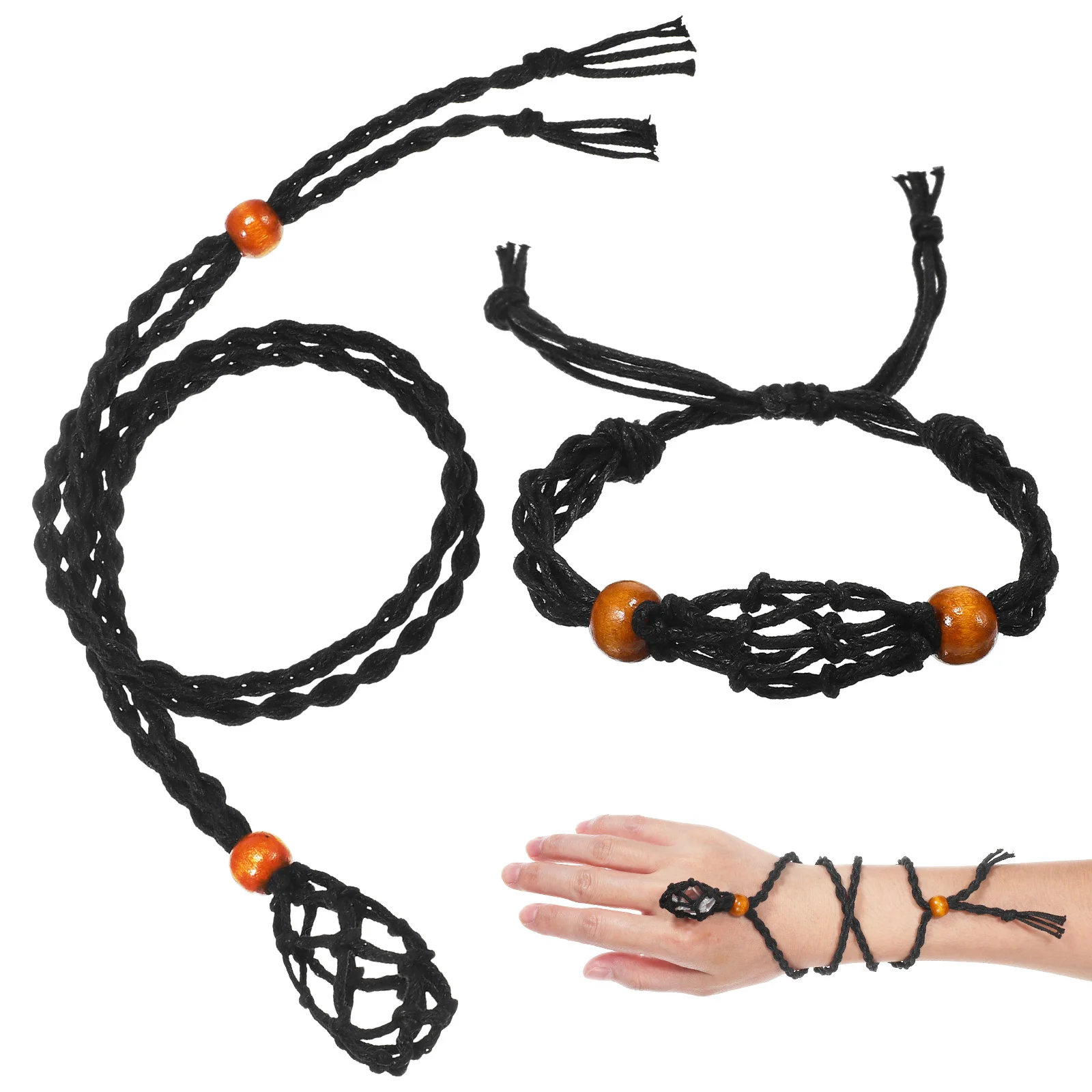 

2 Pcs Necklace Natural Stone Mesh Black Bracelet Set Crystal Holder Cage Pouch Necklaces Miss