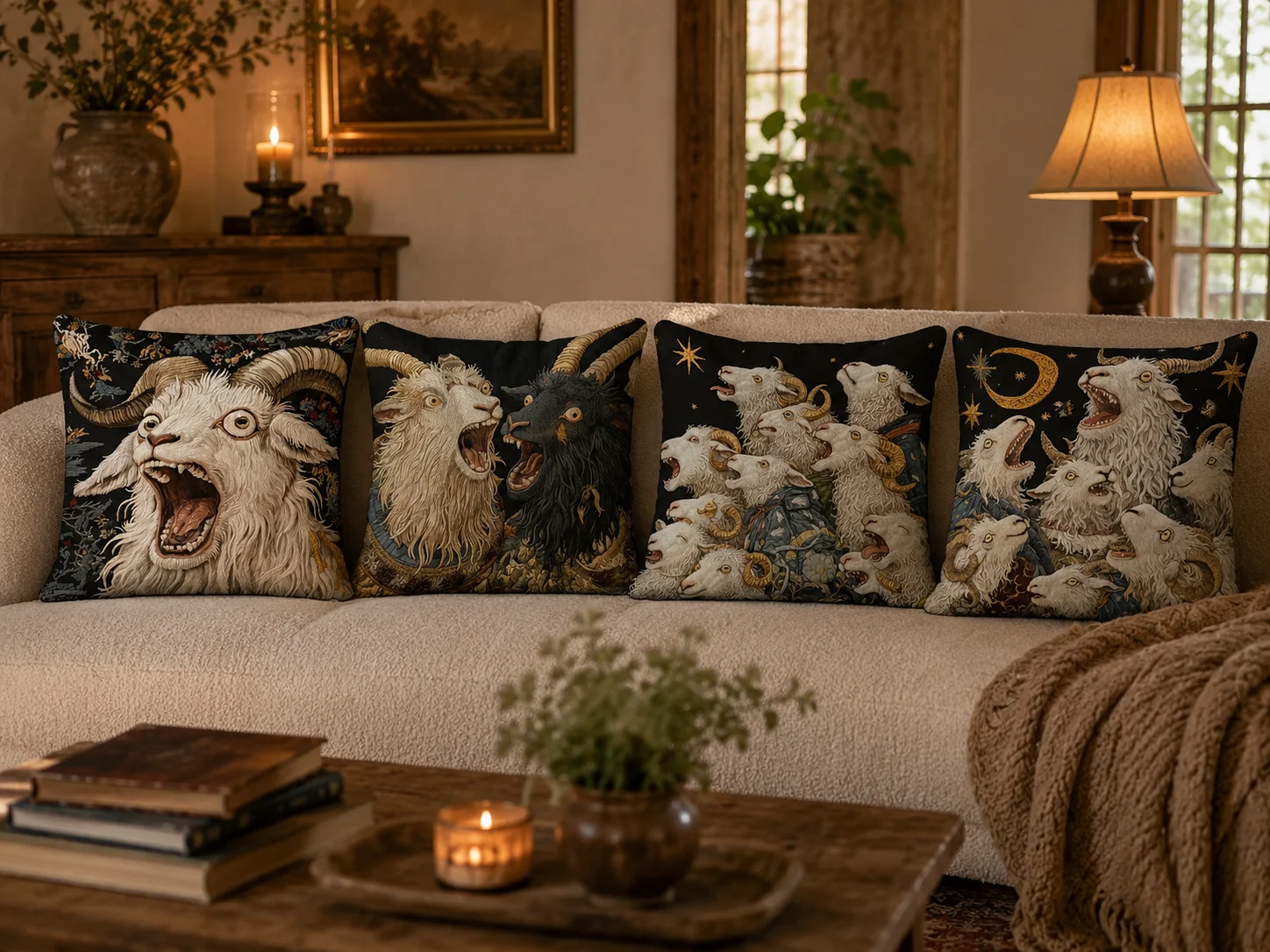 Vintage Gothic Spooky Goat Group Throw Pillow Cover 2D Printed Non‑Real Embroidery Effect Cushion Cover Retro Dark Animal Patter