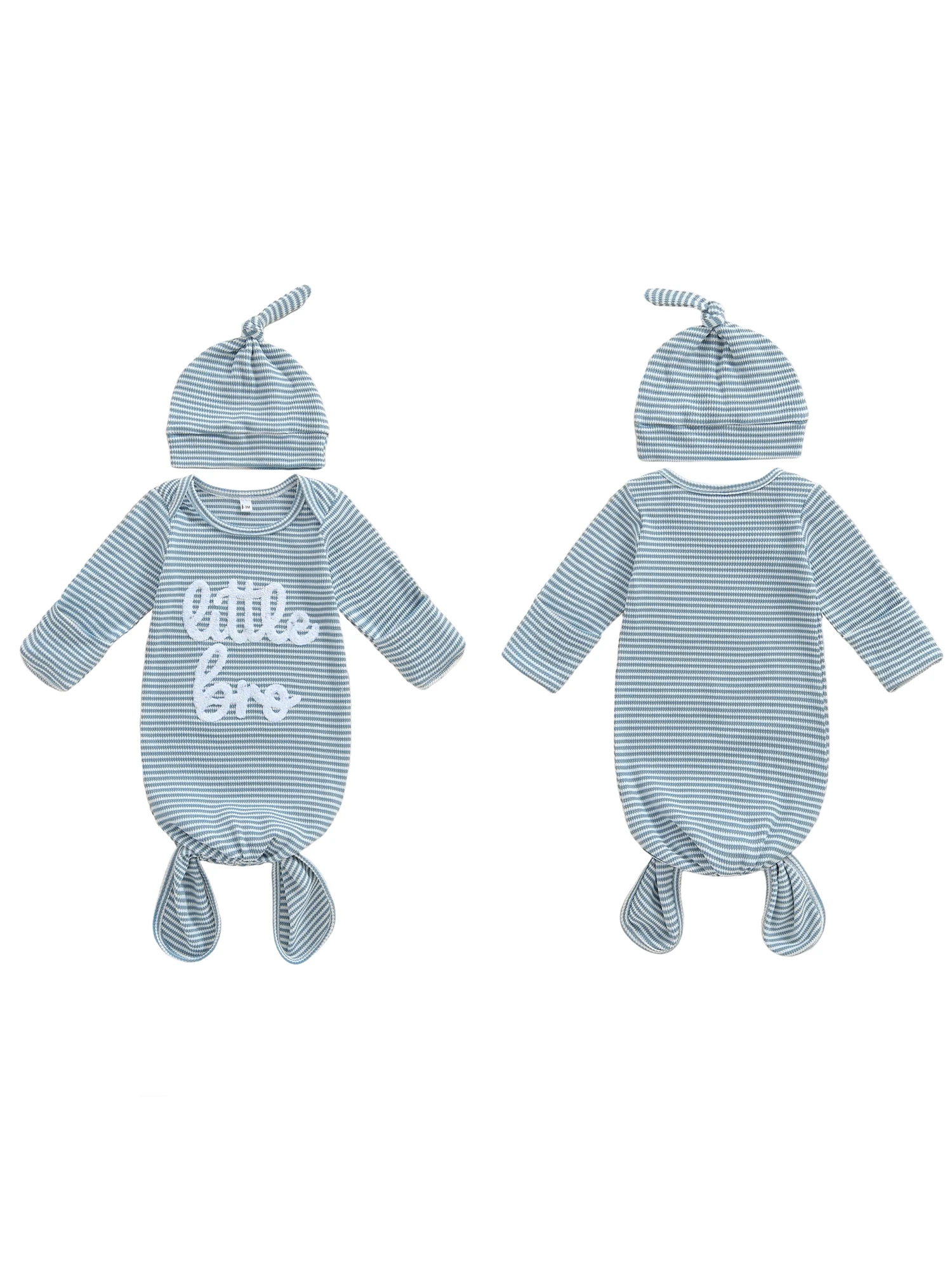 

Полосатое платье и шапка для маленьких мальчиков с вышитыми инициалами. Уютная одежда для сна с длинными рукавами и круглым вырезом для новорожденных.