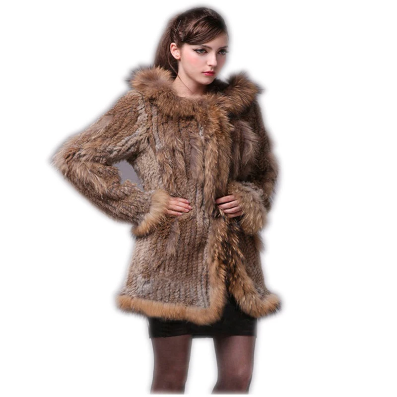 2021 lady knitted Real genuine rabbit fur coat/ jacket/ outwear/Garment with raccoon collar hood women  long with tassels