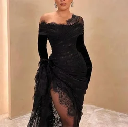Customized Sexy Off-the-shoulder Sheath Celebrity Party lace Flowers Fold  Prom Dresses vestidos de fiesta elegantes para muje