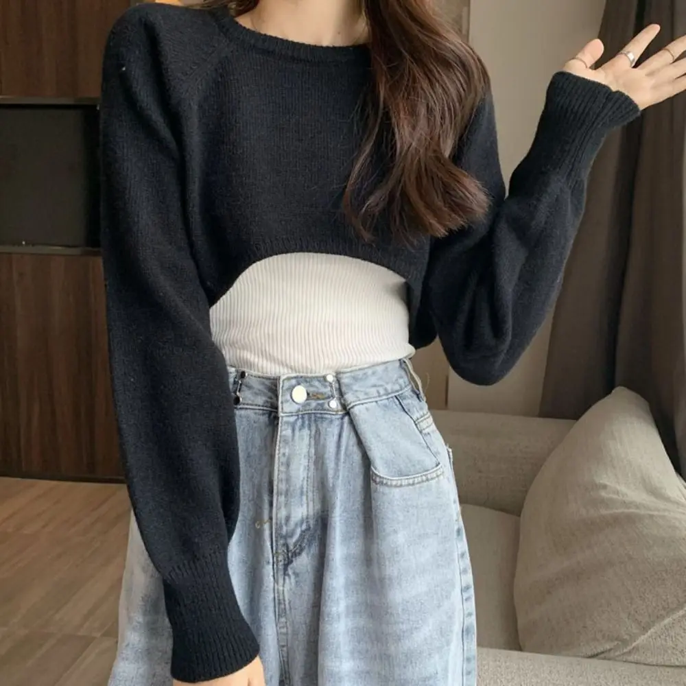 Camiseta corta de punto de manga larga de ocio otoño estilo coreano cubrir Top corto suéter suelto prendas de punto de ganchillo otoño primavera