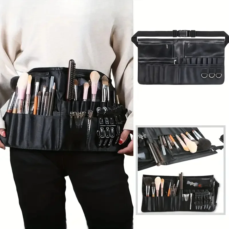 メイクブラシ収納袋プロフェッショナルブラックアーティストメイクブラシウエストバッグマルチポケットエプロンポーチ調節可能なベルトストラップ付き