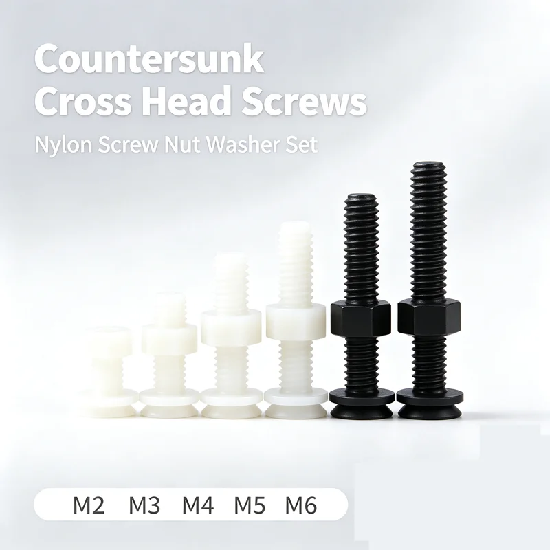 Nylon Countersunk Cross Head Screw Nut Flat Washer 3-in-1 Combination Set Plastic Insulated Fasteners M2 M3 M4 M5 M6
