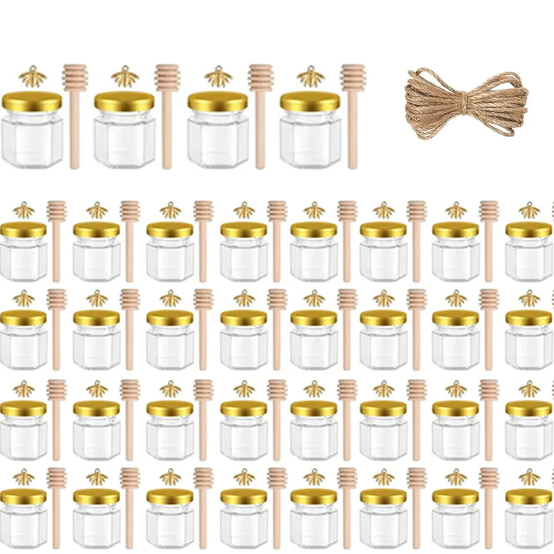12/24/36/48-delige mini glazen honingpotenset, glazen verzegelde potten, 1,5 oz zeshoekige potten met houten lepel, deksel, bijenhanger, perfect voor bruilofts- en feestartikelen