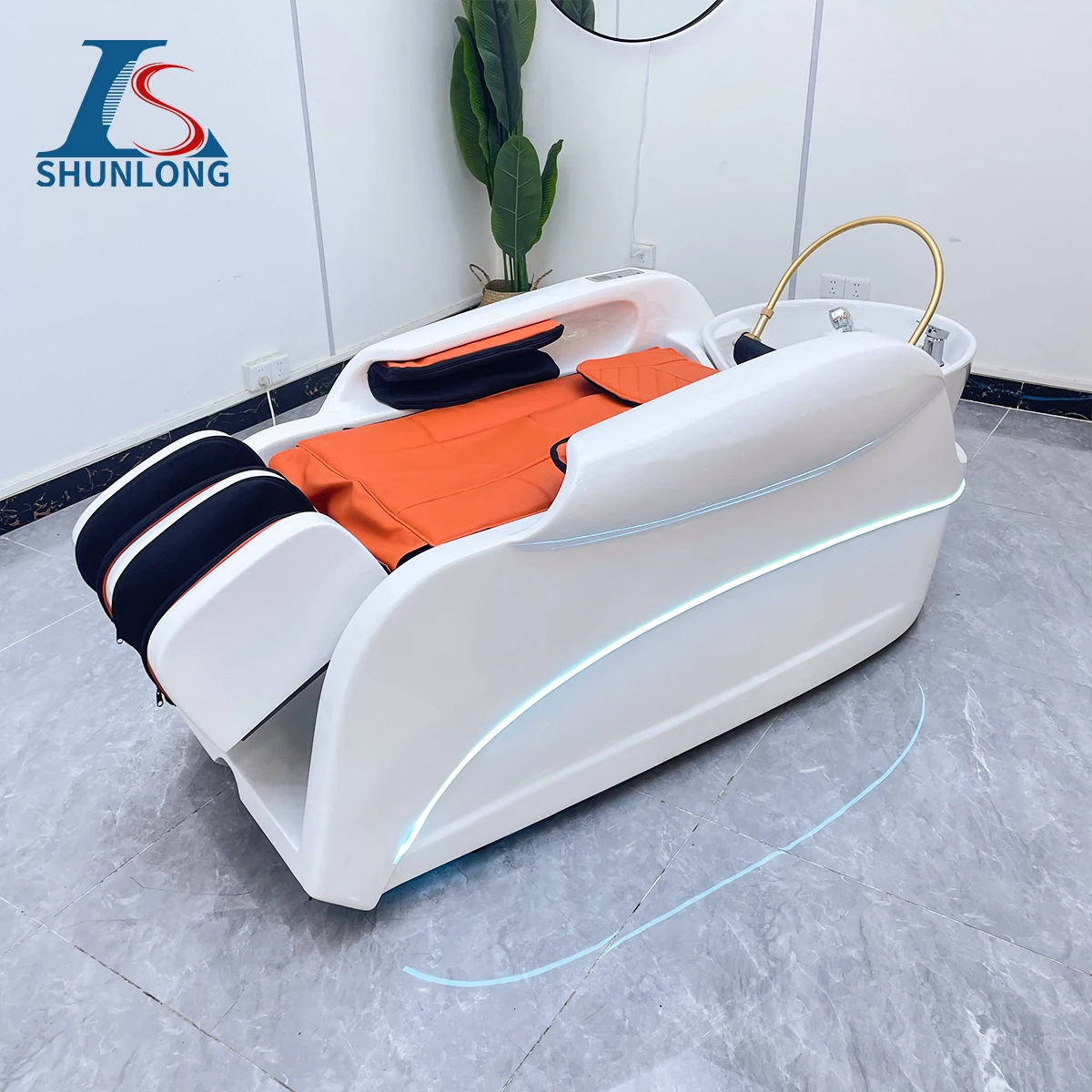 Electric Head Spa Shampoo Bed White Shell Orange Cushion Blue LED Light Water Circulation Hair Washing Chair for Hair Salon