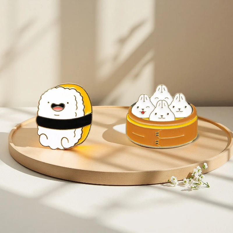 Cute Cartoon Rabbit Steamed Bun Shaped Metal Brooch Lovely Sushi Onigiri Badge Pin For DIY Clothing Bags Hat T-shirt Accessories