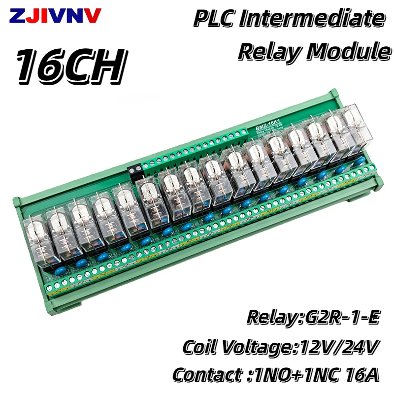 

16CH 16A Модуль реле на DIN-рейку Подключаемый ПЛК Промежуточное реле G2R-1-E 12 В/24 В 1НО+1НЗ PNP NPN Совместимость BMZ-16K1