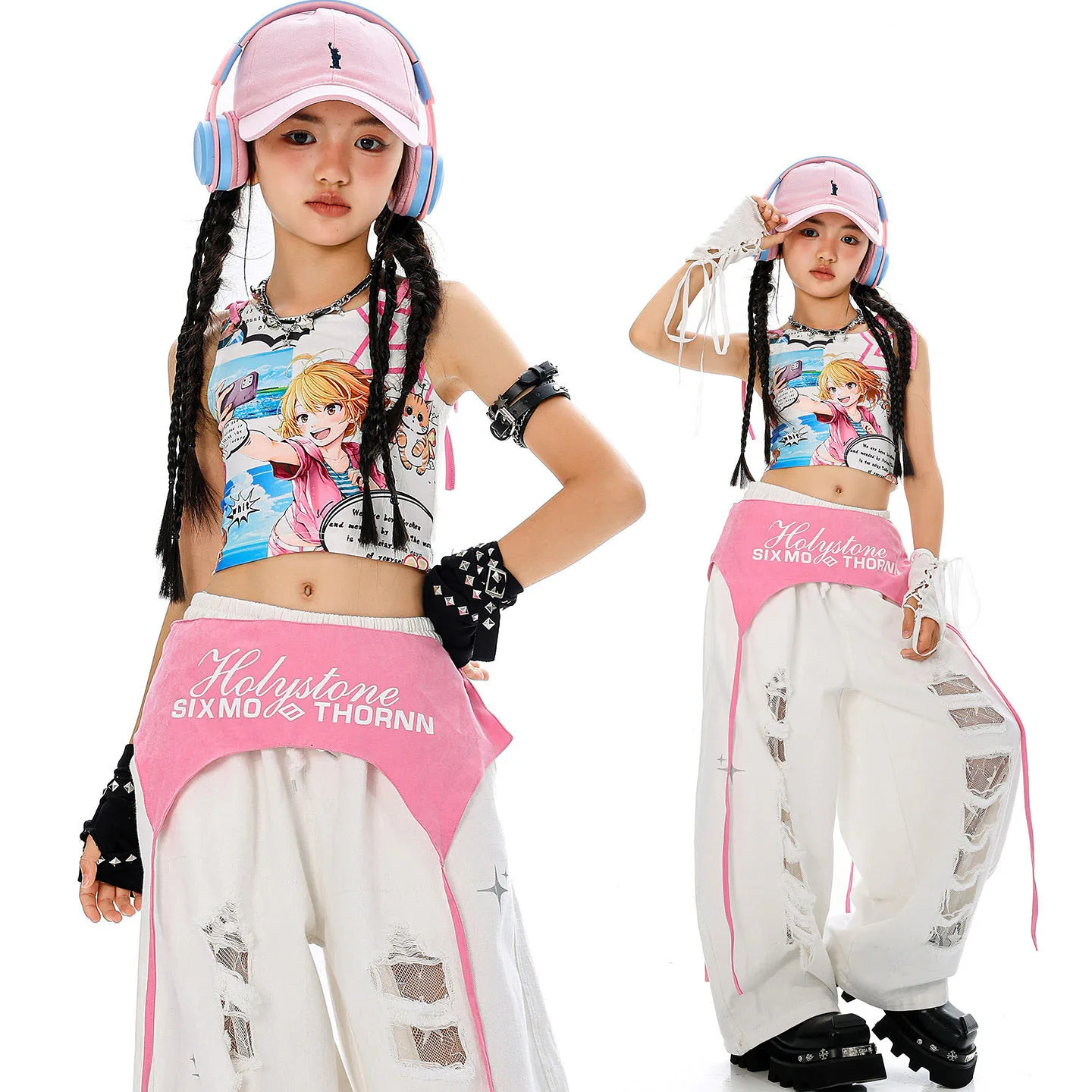 

Kid Cute Kpop Hip Hop Clothing White Print Crop Tank Top Casual Wide Leg Ripped Pants for Girl Jazz Dance Wear Costume Clothes