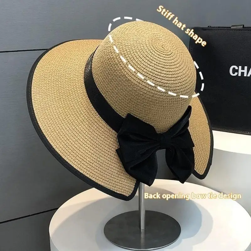 قبعة شمسية من القش قابلة للتنفس، تصميم أنيق على شكل فيونكة، قبعة واسعة الحواف للمناسبات الخارجية