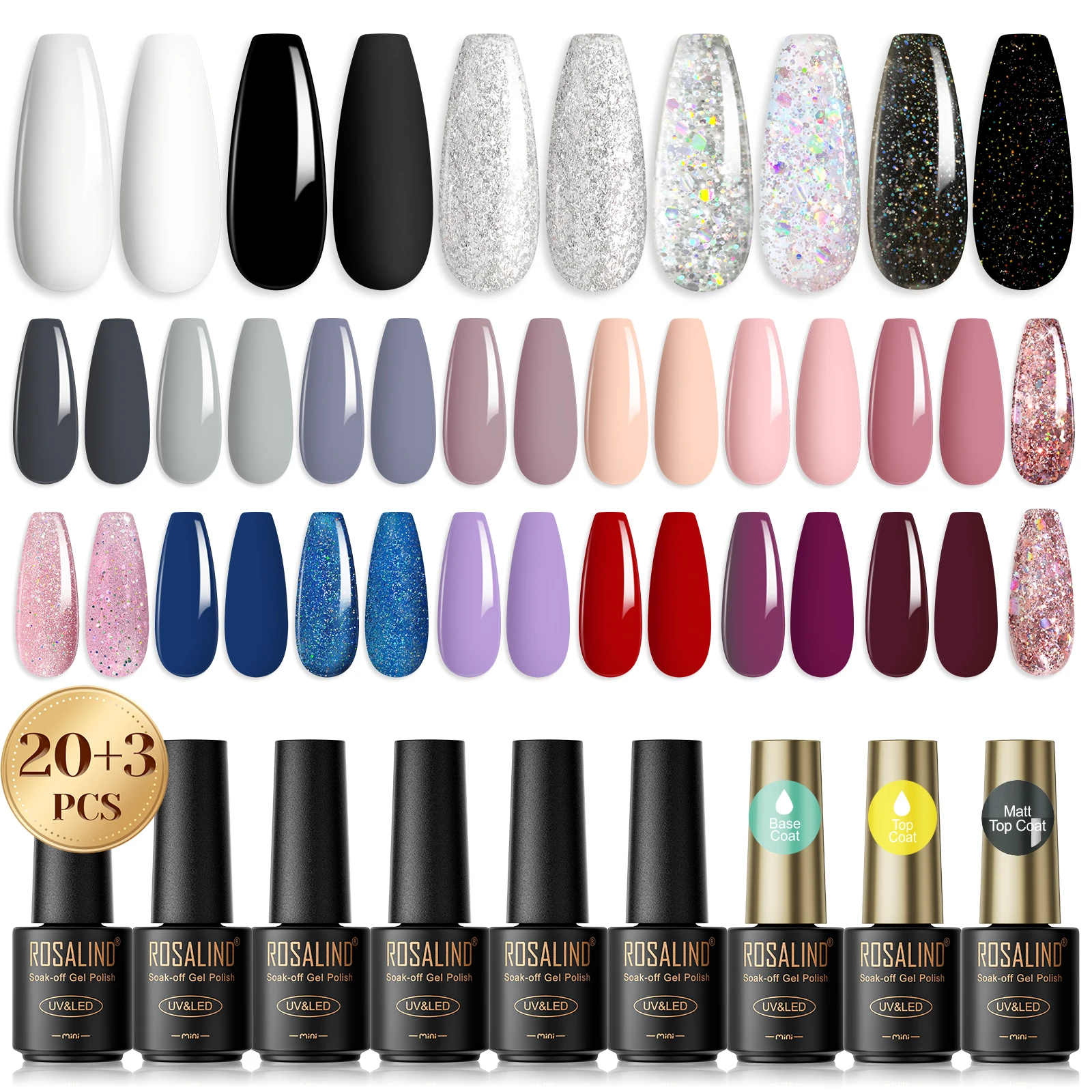 

ROSALIND 5ml Black White Gel Nail Polish Set Box UV Gel Nail Polish Hybrid Semi Permanent -20 Colors with Base Matt Top Coat