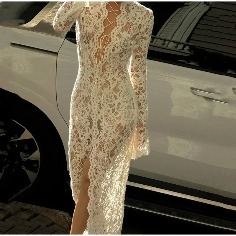 Sexy White Lace Hollow Out Maxi Dresses Women Deep V Split Slim Dress Lace Up Long Sleeve Elegant Vestidos Party Club Outifit