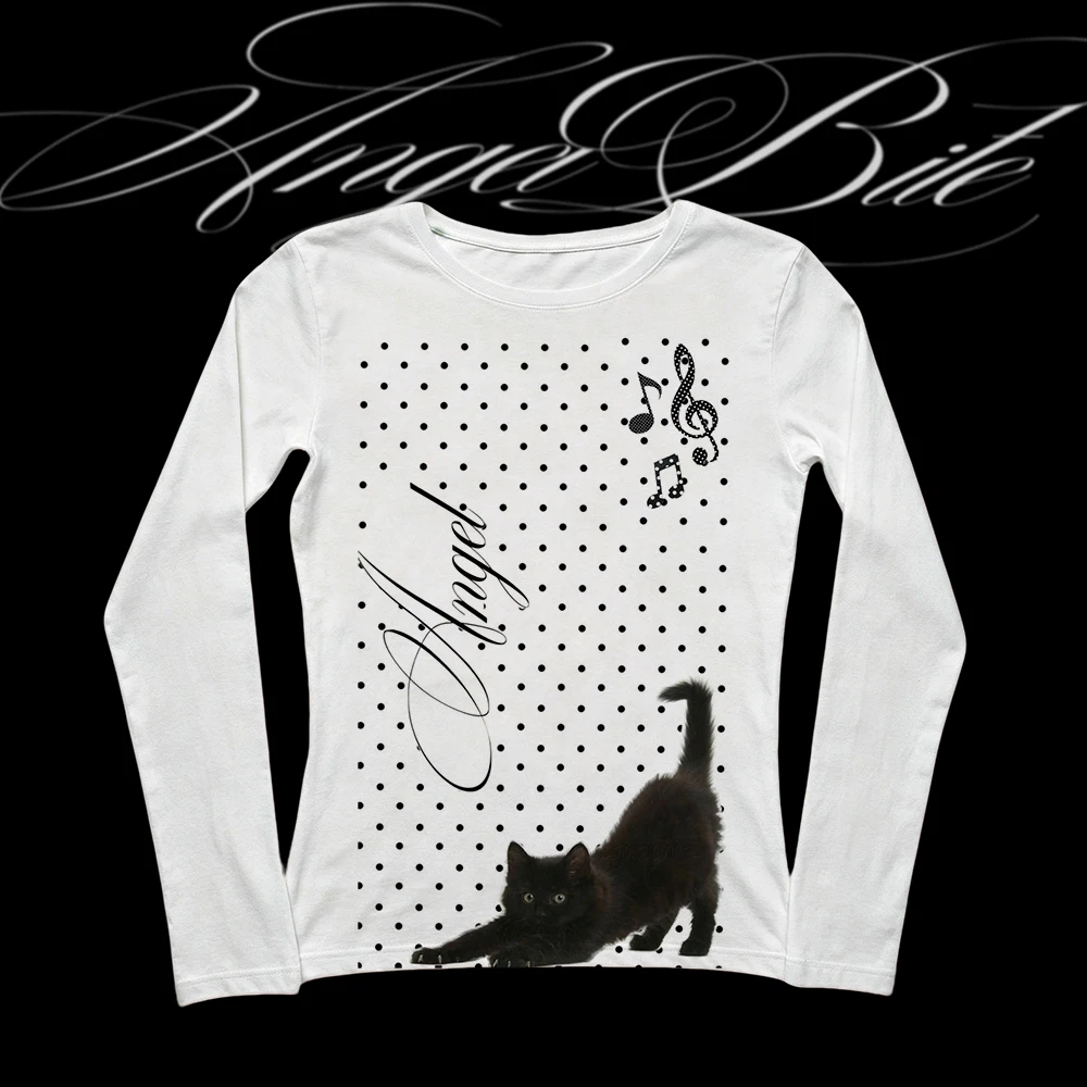 Grunge Alt Women Angel Cursive Letter Cat Music Note Print Long Sleeve Tee Crew Neck Slim Y2K Vintage Casual Top