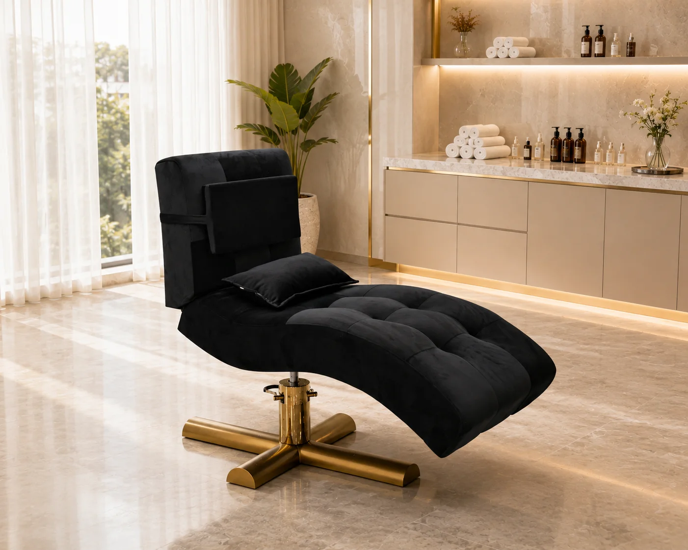 Modern Black Velvet Recliner Chaise Lounge, Gold Metal Base Ergonomic Massage Lounge Chair for Home Spa Salon
