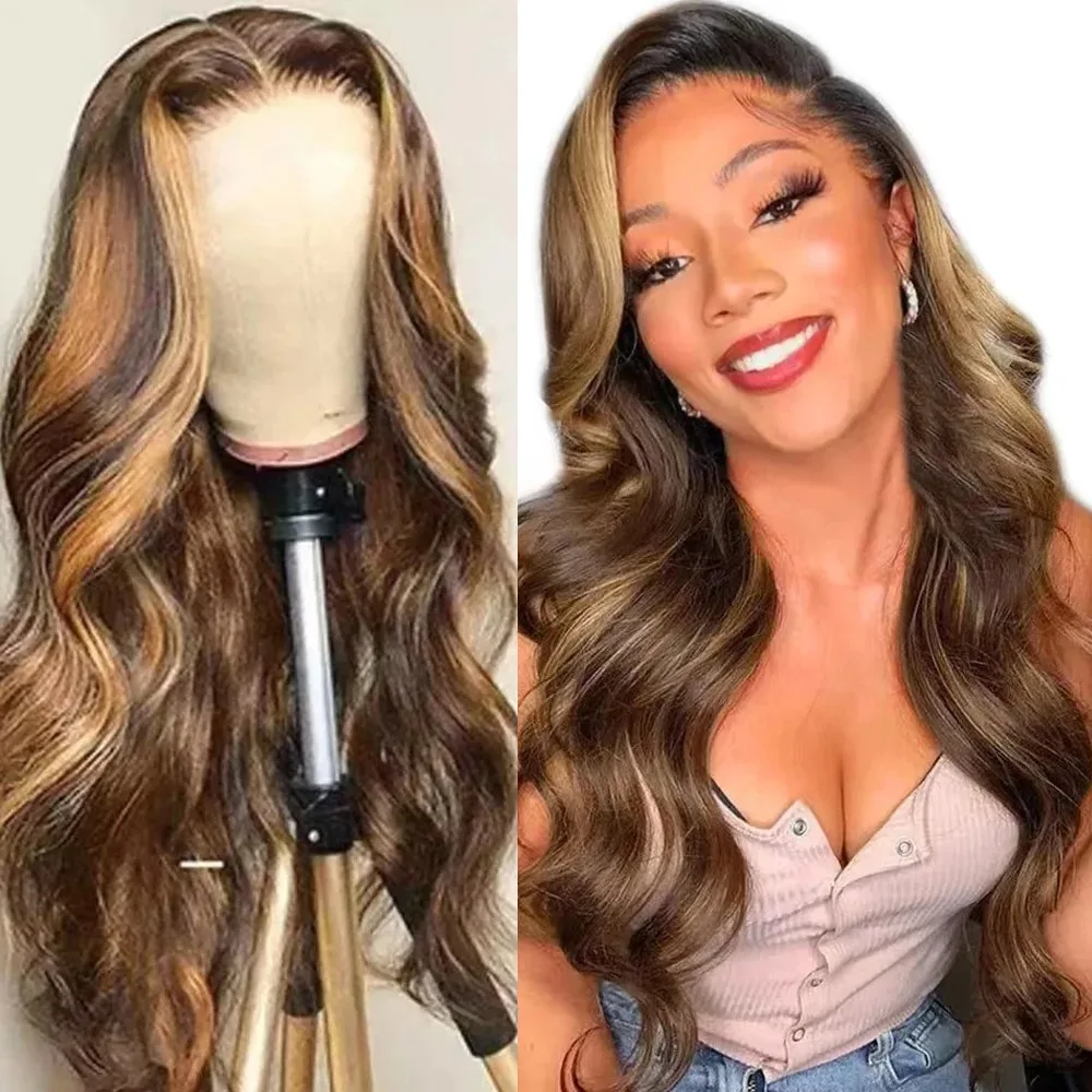 4/27 Highlight Blonde Body Wave Wig Human Hair Brazilian Colored Ombre 250% Density 13x4 HD Transparent Lace Frontal Wig Women