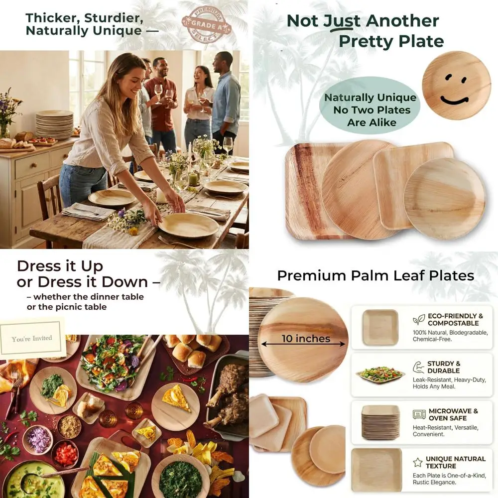 

Набор из 100 биоразлагаемых тарелок из пальмовых листьев, 10 дюймов, особо прочные, экологичные, для вечеринок и кейтеринга