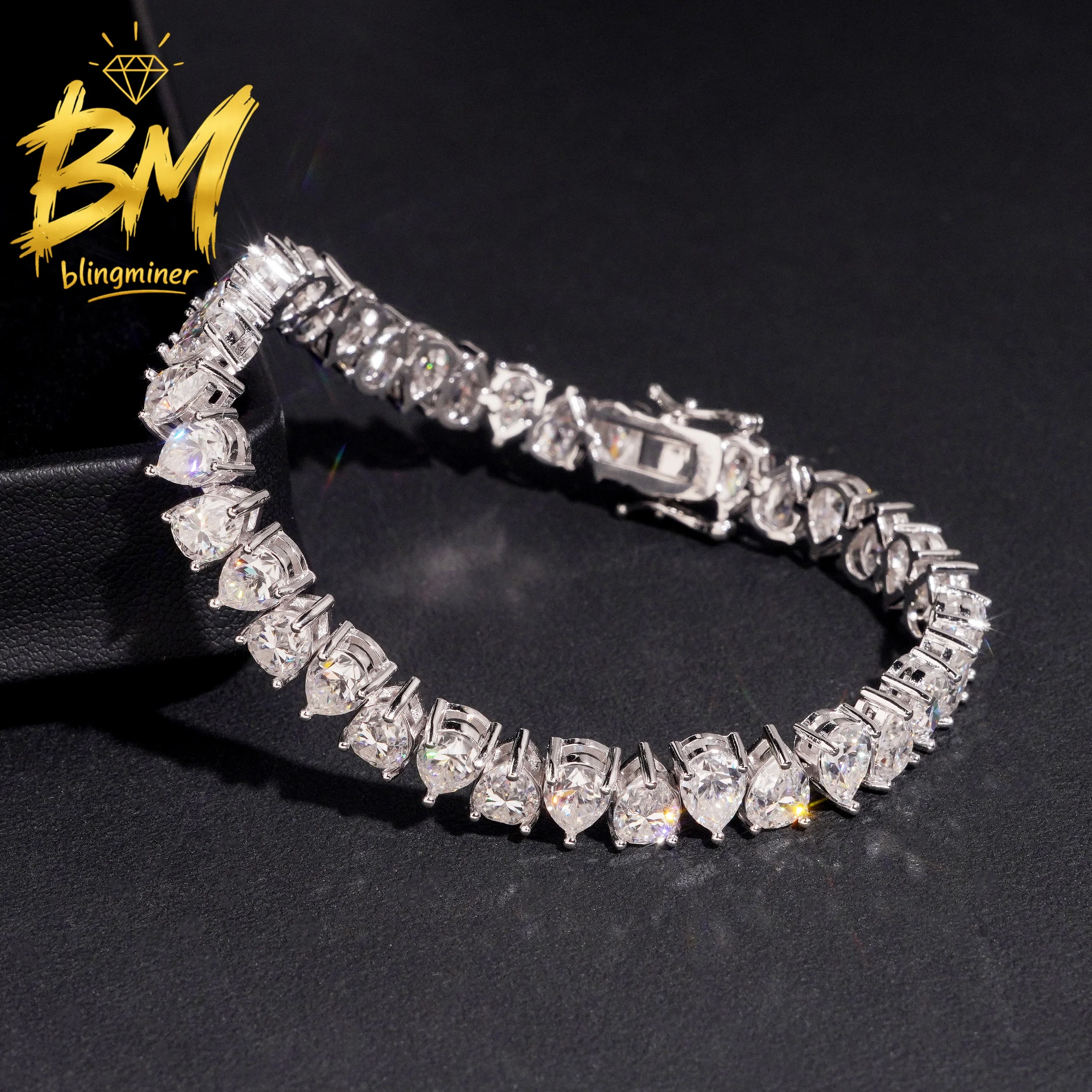 Blingminer 5mm Pear Shape VVS Moissanite Tennis Chain Bracelet For Men Women S925 Silver Jewelry Pass Diamonds Tester GRA