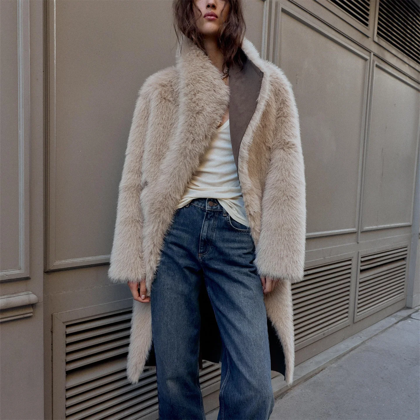 Double-Sided Wear Artificial Fur Effect Coat Women's Windbreaker Style Outerwear Comfortable British Style Long Sleeve Coat