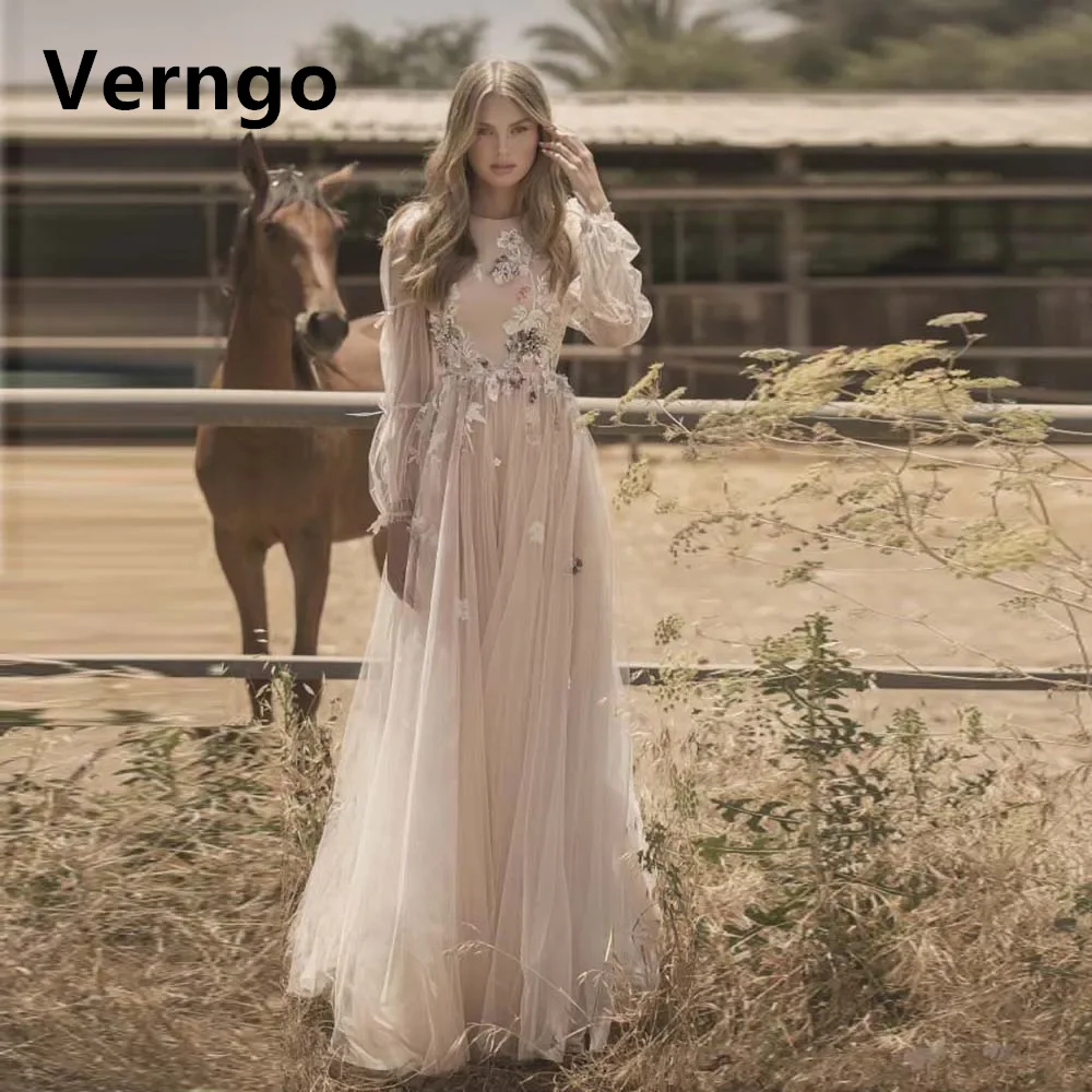 Verngo Applique Tulle Vestido de noite, Vestido longo Puff Sleeves Party, O Neck, A Line Prom Gowns, Vestido formal