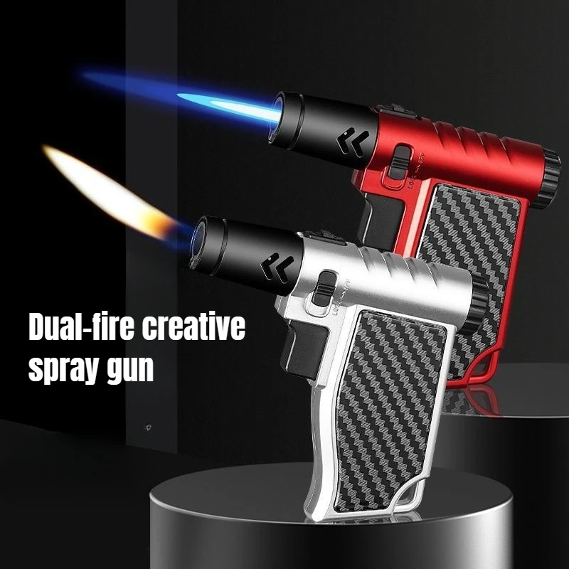 New Windproof and High-temperature Dual Flame Cigar Spray Gun Lighter Metal Handheld Inflatable High-end Kitchen Lighter view 3