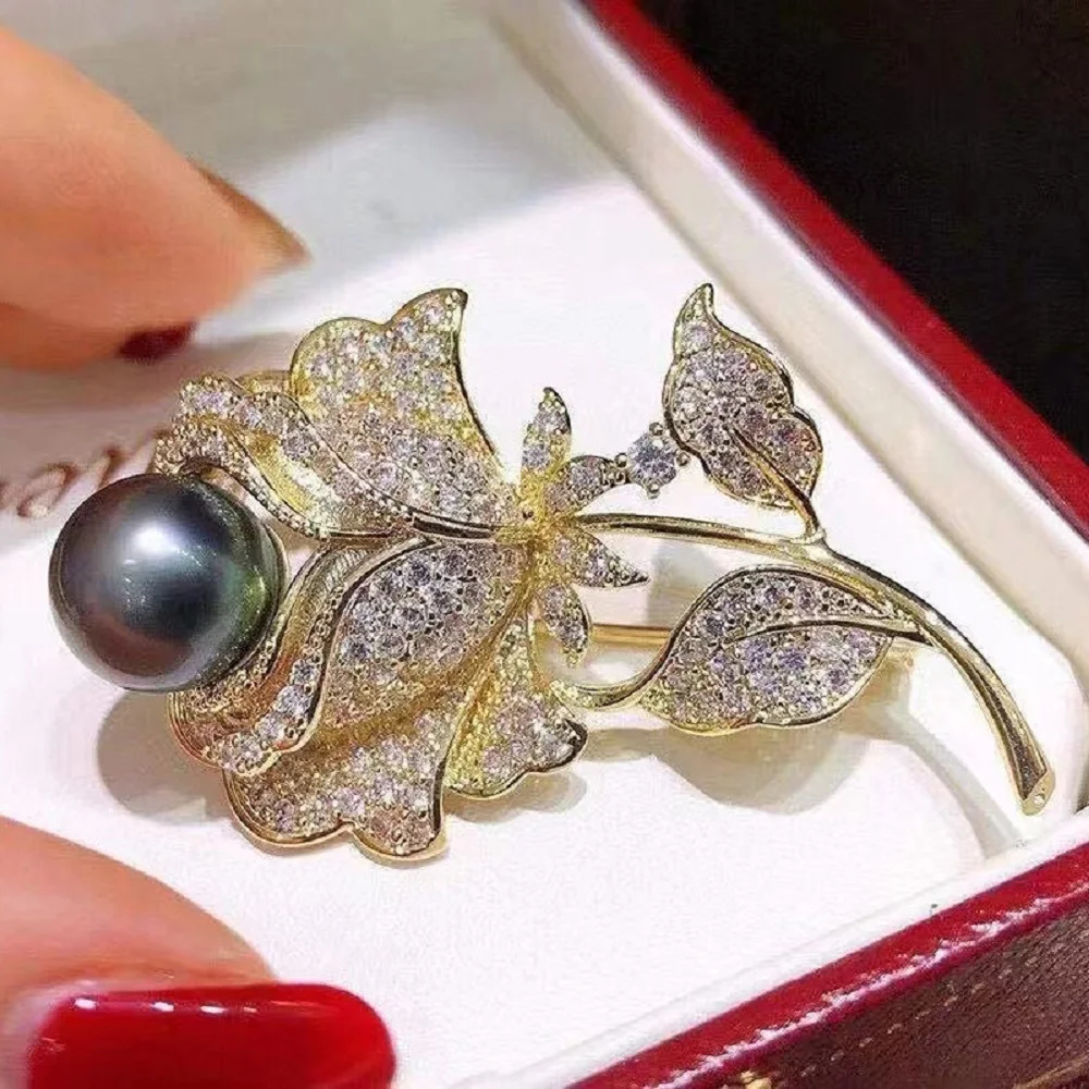 Gorgeous micro inlaid zircon rose brooch clip AAA 9-10mm natural pearl chest flower