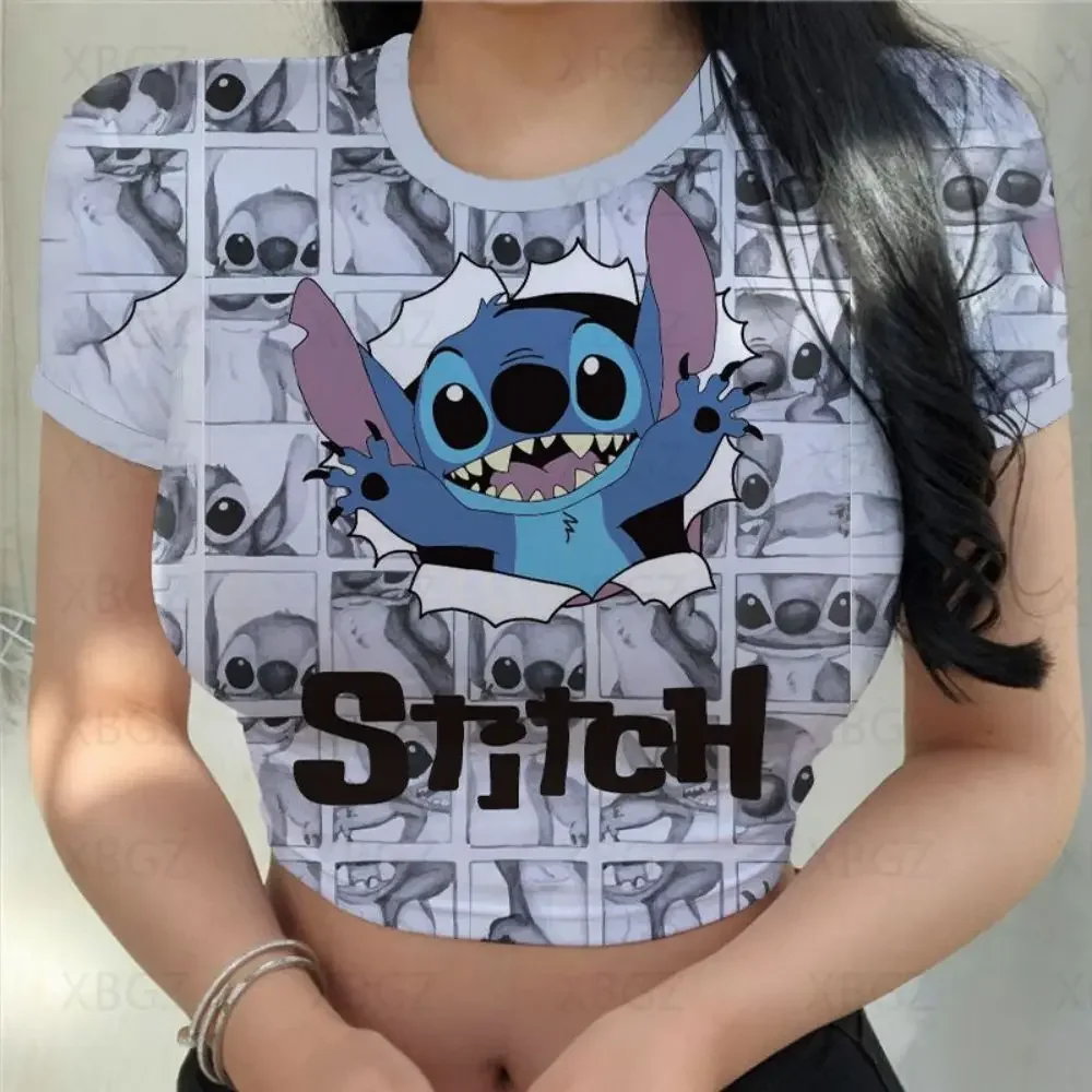 T-shirts Slim Fit Y2k Print Fashion Woman Blouses 2022 Disney Stitch Sexy Kawaii Summer Shirt Cartoon Crop Top Women's T-shirt