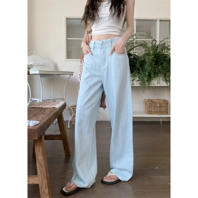 Jeans a righe rosa testurizzati per donna Pantaloni lunghi casual dritti a vita alta sottili estivi