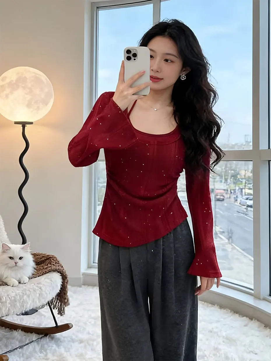 

Red Christmas New Year Knitted Top Neck Hanging Bell Sleeve Slim Fit Base Shirt Autumn Winter Fashionable Women's Clothing