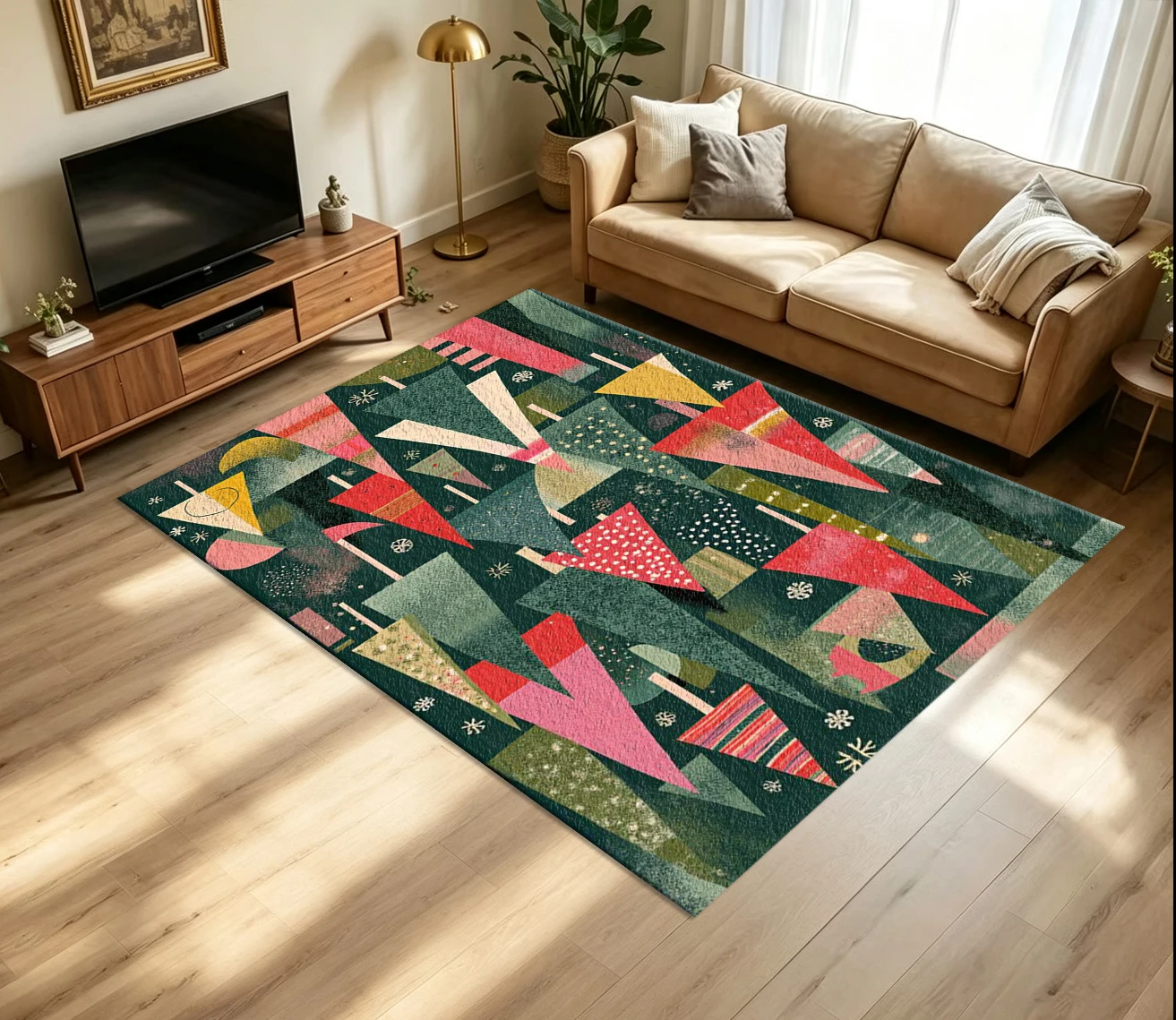 Abstract Geometric Christmas Tree Carpet Flooring Retro Cut Paper Style Festive Triangle Snowflake Seamless Illustration Pattern Printed Floor Rug for Household Indoor Artistic Home Decor