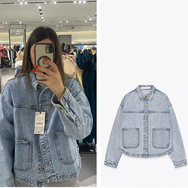 

Solid Color Fashion Denim Woman Jacket 2025 New Lapel Loose Coat For Spring Autumn Two Pocket Single Breasted Female Outerwear