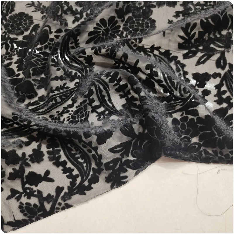 Elegant Black Silk Velvet Fabric Hollowed Cotton