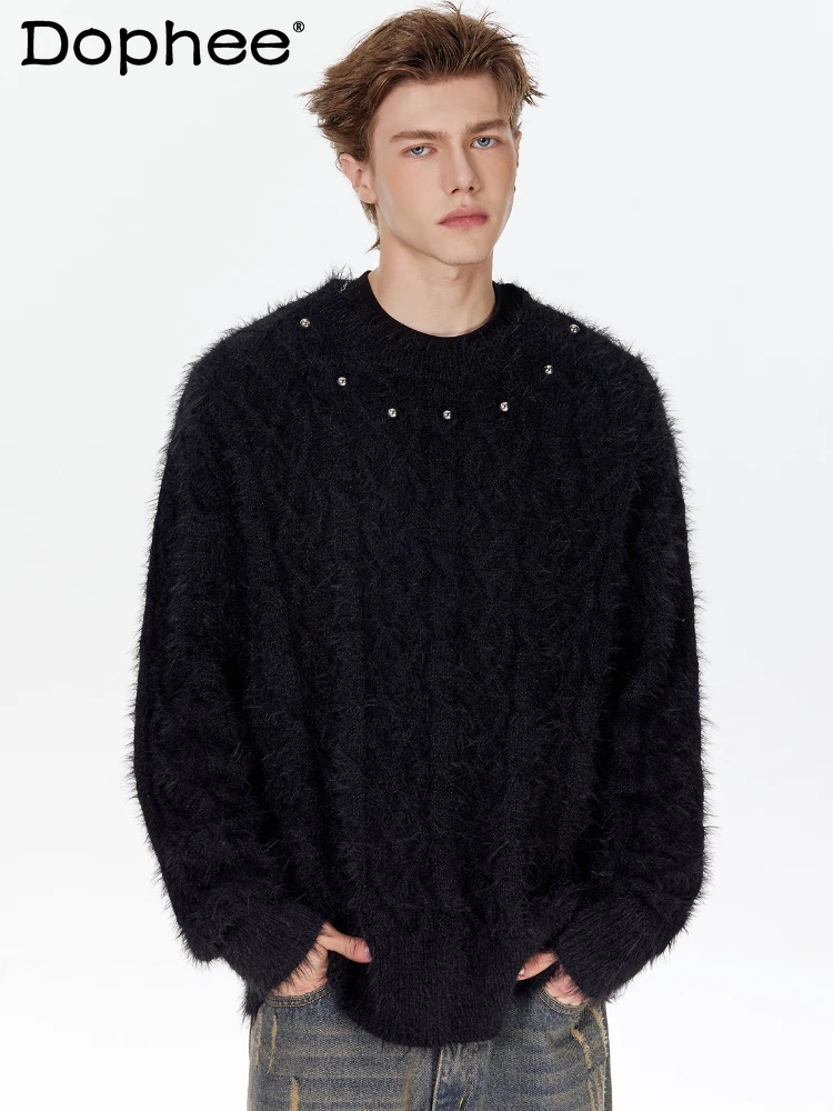 

American Style Metal Button Sweaters Men's 2024 Autumn Winter New High-end Knitwear Solid Color Long Sleeve Round Neck Pullovers