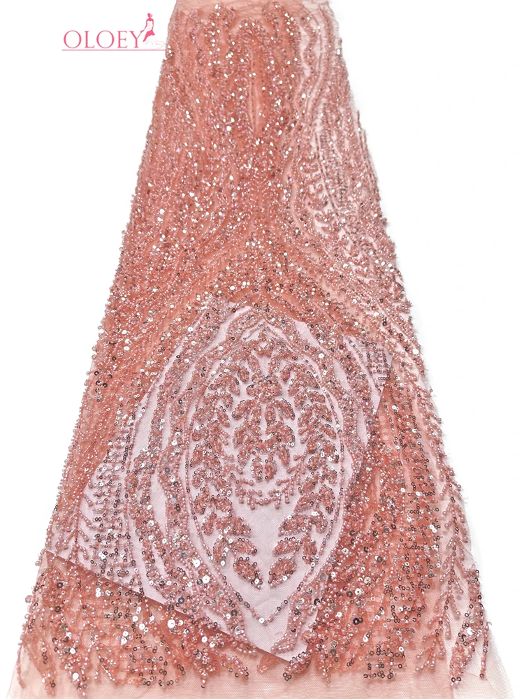 

OLOEY Premium Nigerian Sequined Lace Fabric Heavy Beaded Mesh for Women's Wedding Gown Evening Dress African Style