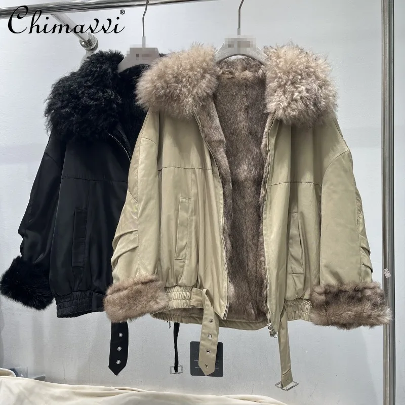 

2025 Winter Clothes New High-End Fashion Fur Patchwork Collar Parka Heavy Long Sleeve Loose Warm Elegant Women's Jacket