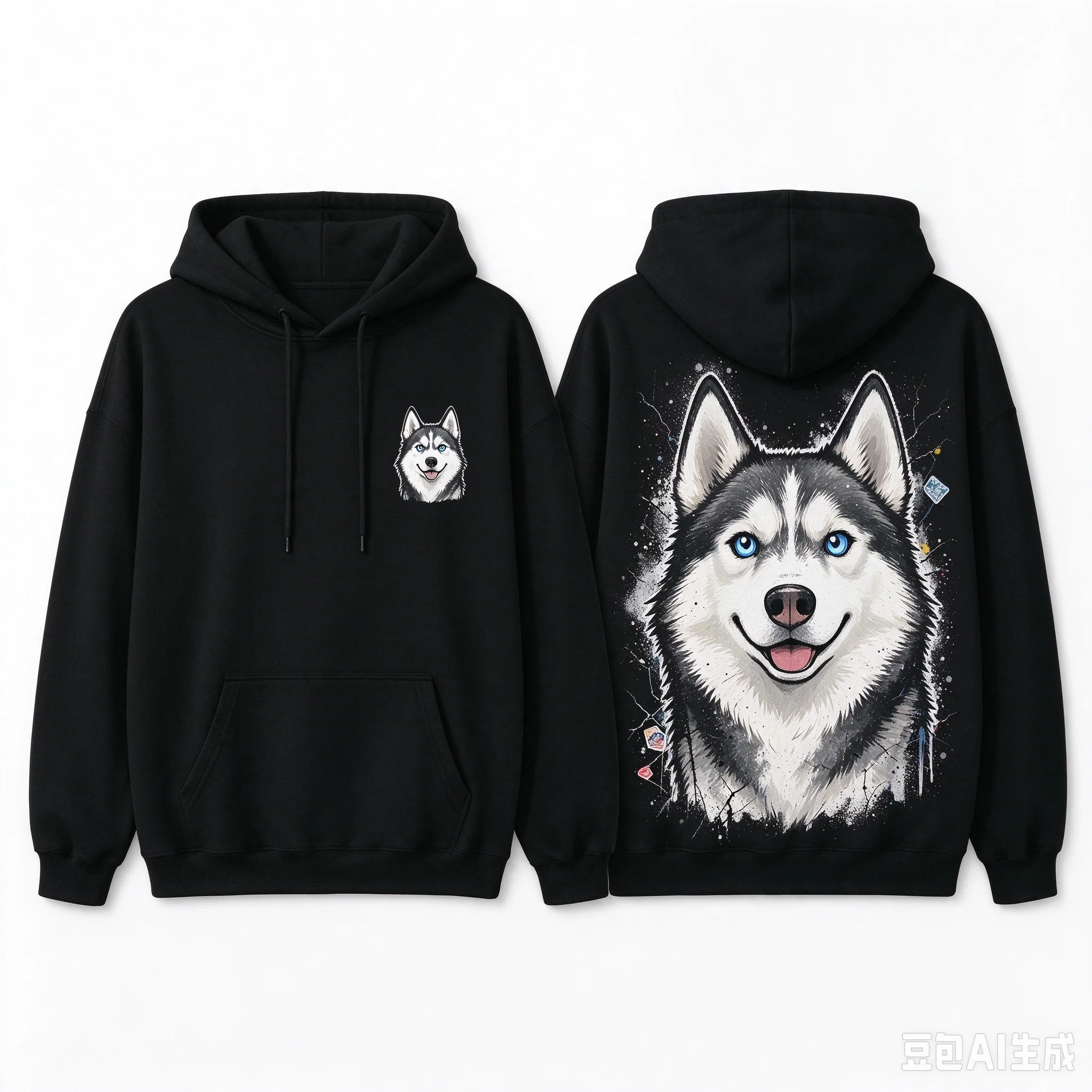 **Men's Loose Drawstring Hoodie, Right Chest Small Husky Logo, Back Big Husky Head Graphic Pullover, Streetwear Casual Sweatshir