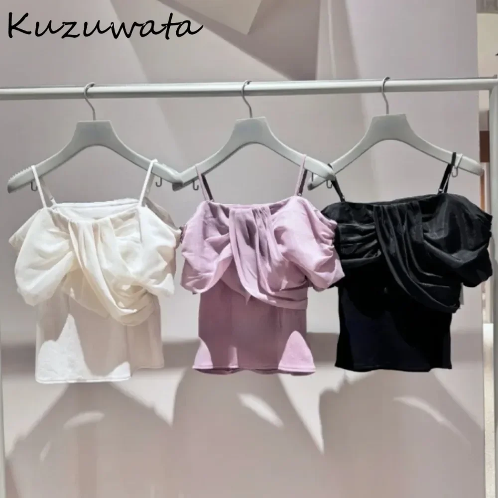 Kuzuwata Casual Cute Slash Neck Half Sleeve Tops Bow Voile Off Shoulder Sling Mujer Japanese 205 New Irregular Exquisite Shirt