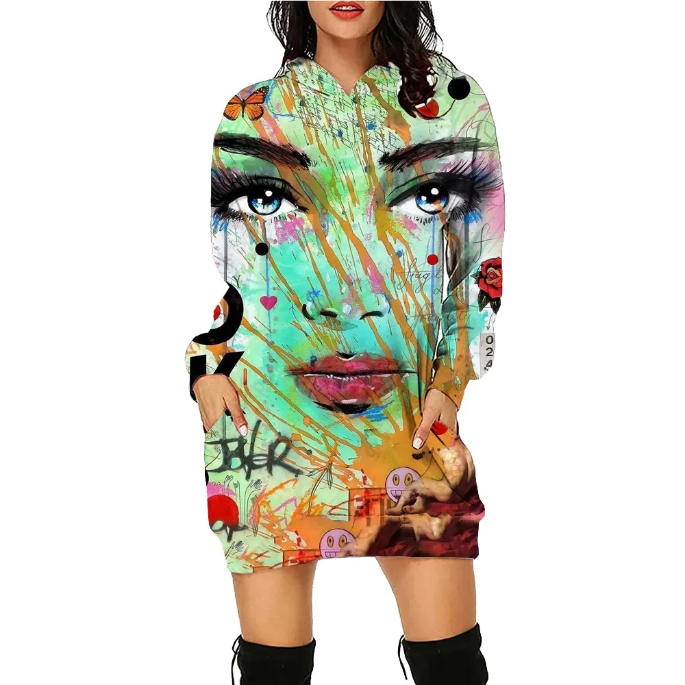 Leisure Women's Face Printed Hoodie Dress Women's Top Workout Sweatshirt Long Sleeve Pullover Autumn Loose Tee Traf Vestidos