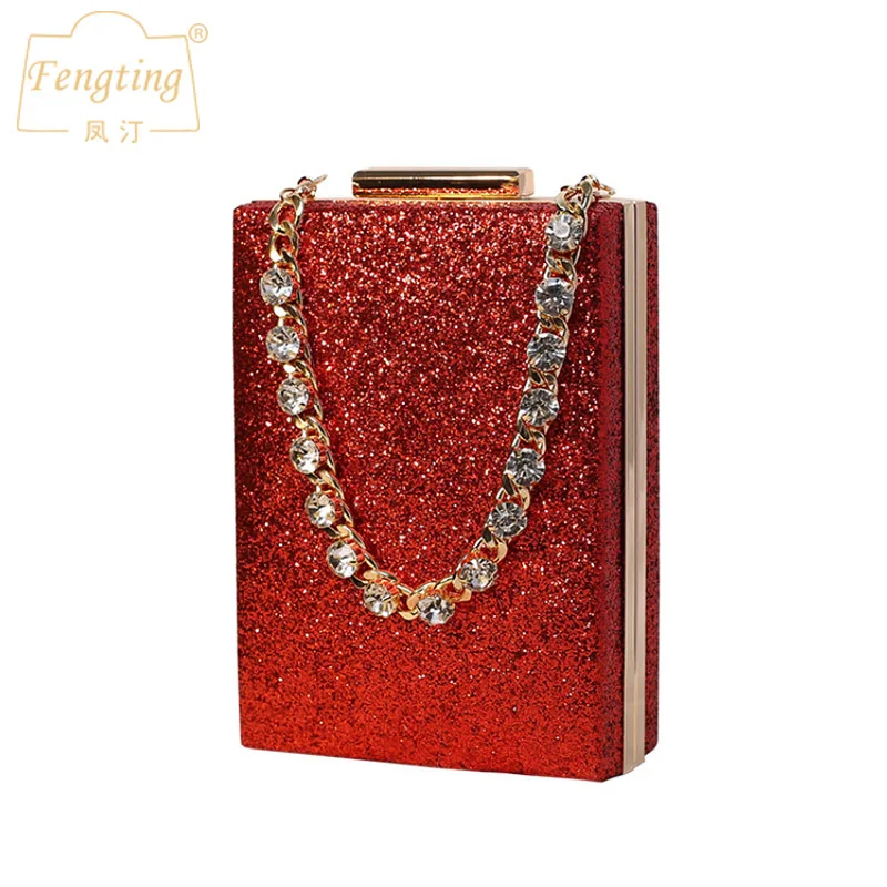 

Women's Box Sequin Wedding Clutch Bag Diamond Chain Luxury Design Handbag New Bridal Evening Bag Small Party Purse gold B442