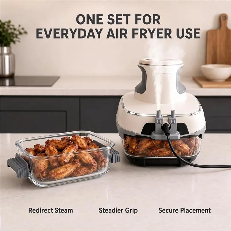 B06B-Airfryer Accessories-Silicone Steam Diverter& 2 Handle Covers For Ninja Crispi-Air Fryer 4-In-1 Glass Type